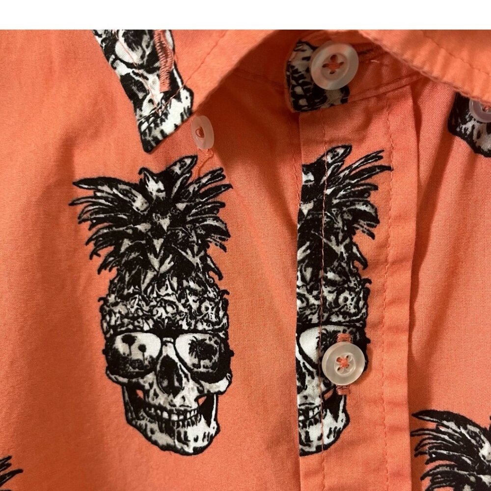 Pineapple Skull Button Down Shirt XL Coral Tropical Novelty Vacation Party - Picture 7 of 16